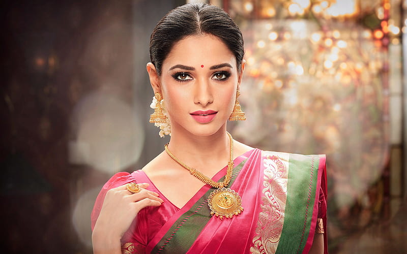 Tamannaah Bhatia, 2018, indian actress, saree, Bollywood, beauty, Tamannaah, brunette, hoot, HD wallpaper