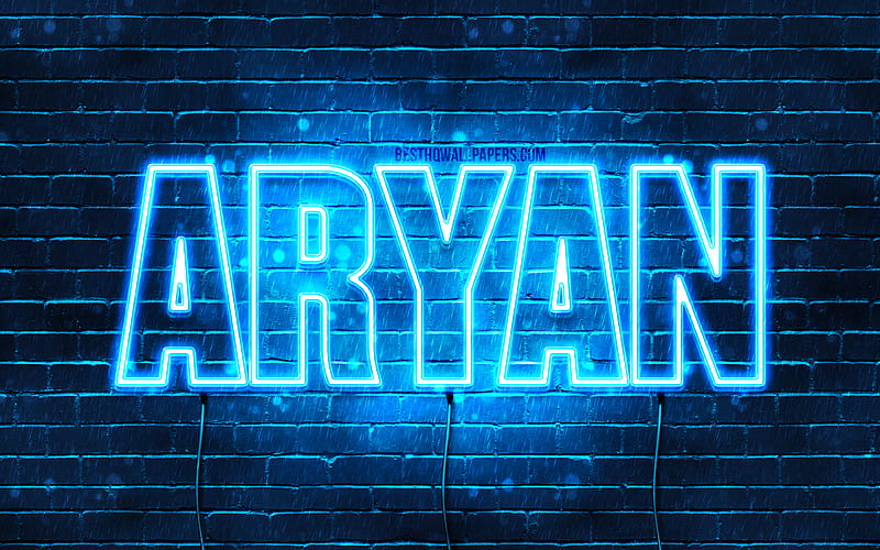 Aryan with names, horizontal text, Aryan name, Happy Birtay Aryan, blue neon lights, with Aryan name, HD wallpaper