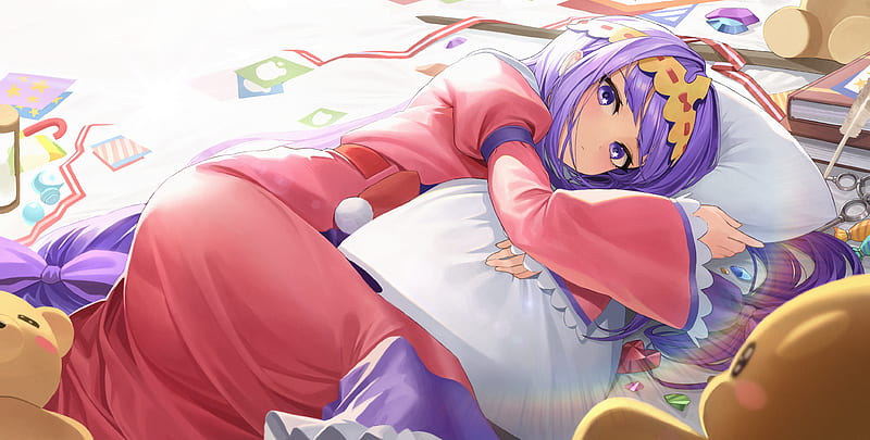 aurora sya lis kaymin, maoujou de oyasumi, lying down, purple hair, headband, teddy bear, pillow, Anime, HD wallpaper