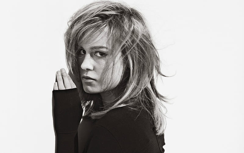 Brie Larson, American actress portrait, monochrome, black jacket, HD wallpaper
