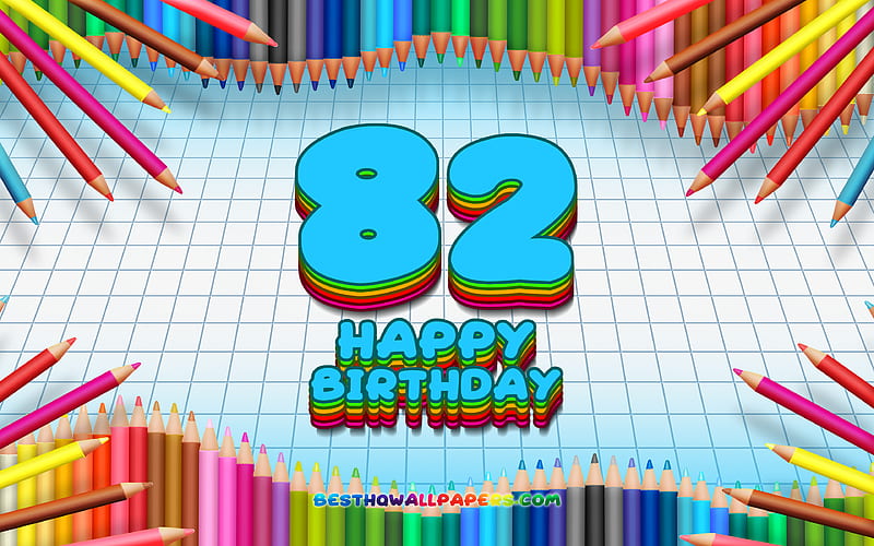 Happy 82nd birtay, colorful pencils frame, Birtay Party, blue checkered background, Happy 82 Years Birtay, creative, 82nd Birtay, Birtay concept, 82nd Birtay Party, HD wallpaper