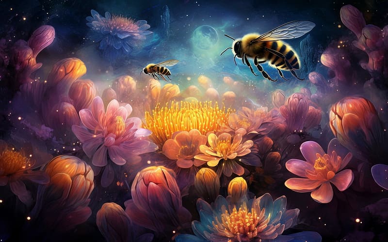 Fantasy Bees, flowers, insects, blossoms, art, digital, HD wallpaper