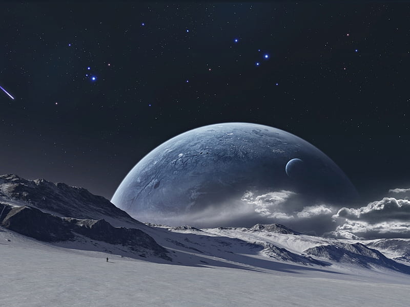 all alone, shooting star, stars, moons, planet, snow, clouds, HD wallpaper