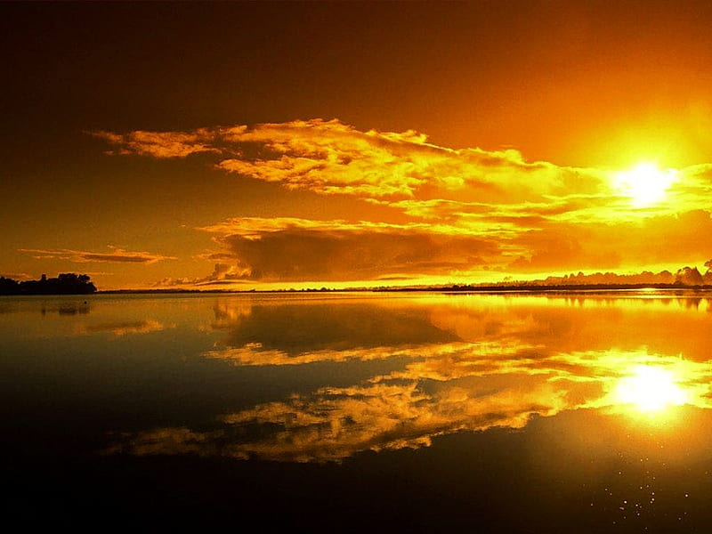 Double sunset, double, water, golden, sunset, reflection, sky, HD wallpaper