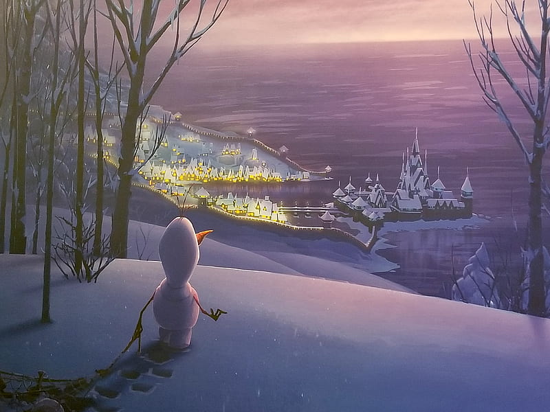 Olaf's Frozen Adventure (2017), fantasy, luminos, movie, olafs frozen adventure, snowman, pink, winter, disney, HD wallpaper