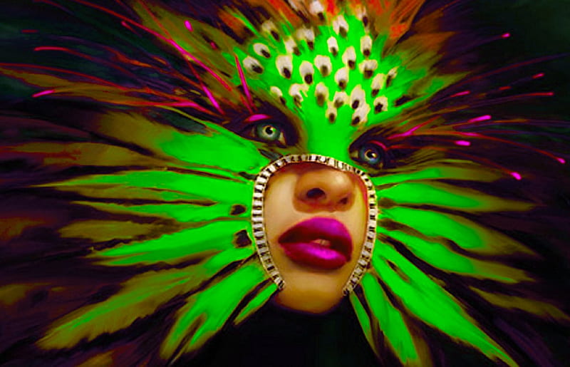 Feather Mask, colorful, art, carnaval, mardi gras, bonito, woman, fantasy, girl, digital, face, hop, mask, feathers, HD wallpaper