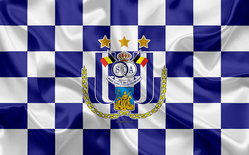 RSC Anderlecht logo, creative art, white blue checkered flag, Belgian football club, Jupiler Pro League, Belgian First Division A, emblem, silk texture, Anderlecht, Belgium, football, HD wallpaper