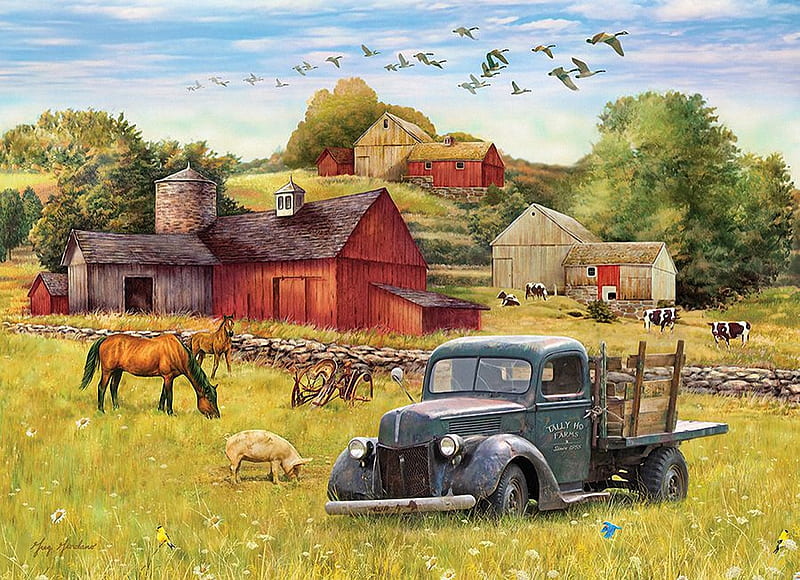 Summer Afternoon on the Farm, pig, car, painting, birds, horse, barn, cows, artwork, HD wallpaper