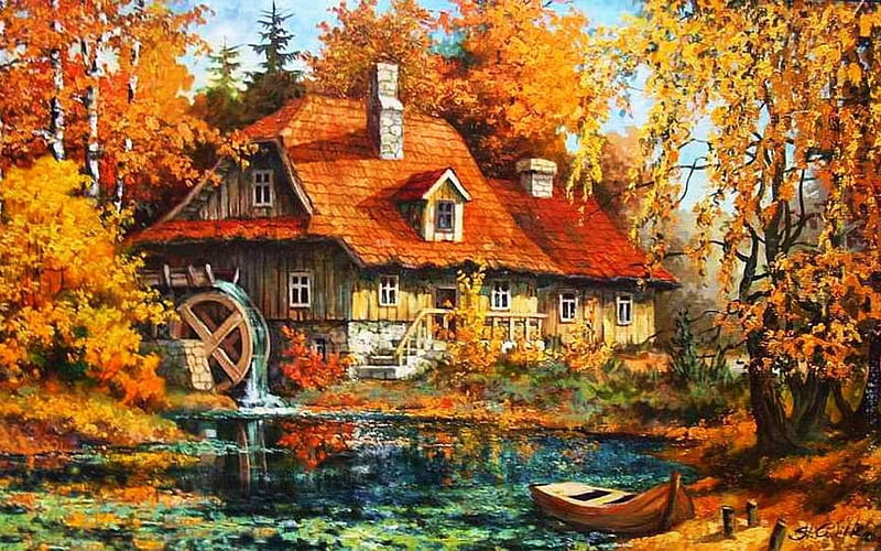 old watermill, forest, river, watermill, house, HD wallpaper