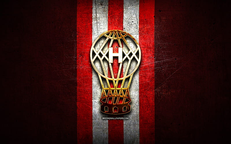 Huracan FC, golden logo, Argentine Primera Division, red metal background, football, CA Huracan, argentinian football club, Huracan logo, soccer, Argentina, Club Atletico Huracan, HD wallpaper