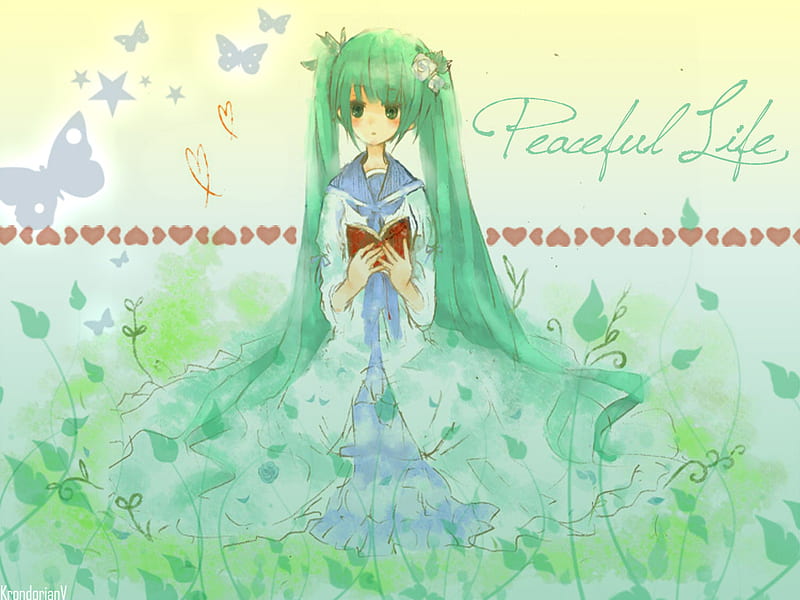 Peaceful Life, pretty, dress, hatsune miku, book, bonito, leaves, nice, butterfly, green, anime, beauty, vocaloids, vocaloid, text, stars, twintail, miku, cute, hatsune, cool, flower, awesome, HD wallpaper