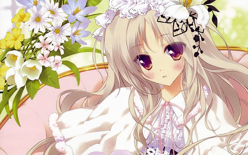 Cô gái anime tóc trắng tuyệt đẹp, đeo hoa tươi trên đầu - Bức tranh tuyệt vời đang chờ bạn khám phá. Hãy cùng xem hình nền anime đầy lãng mạn của chúng tôi để trải nghiệm sự cảm động này.