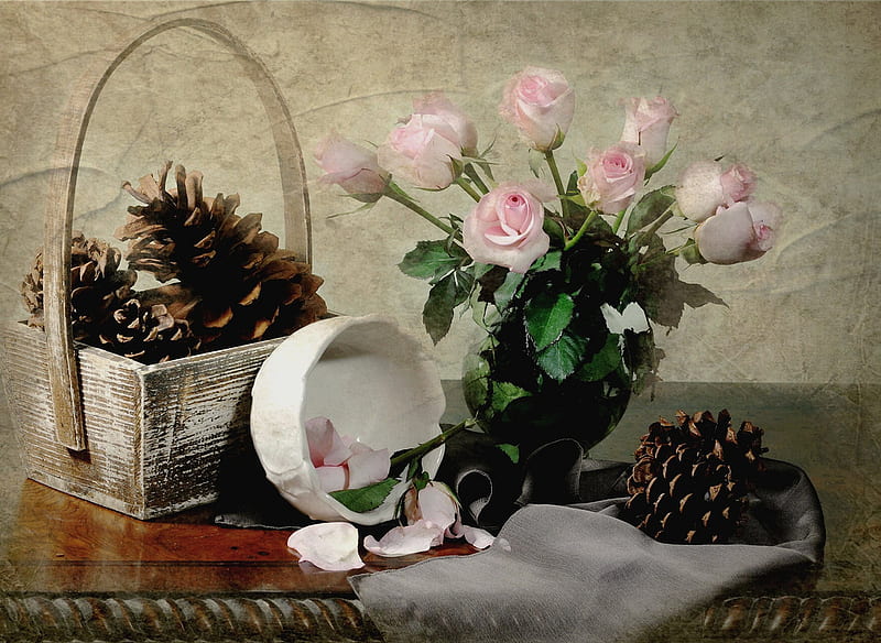 pink roses, still life, basket, vase, pinecones, HD wallpaper
