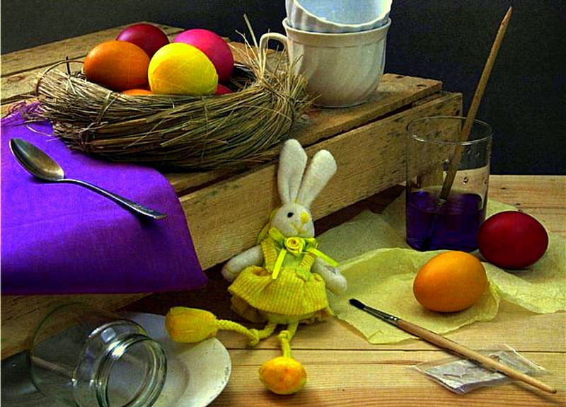 Easter Egg Paint, spoon, paintbrush, plae, still life, glass, stuffed rabbit, nest, jar, eggs, cups, HD wallpaper