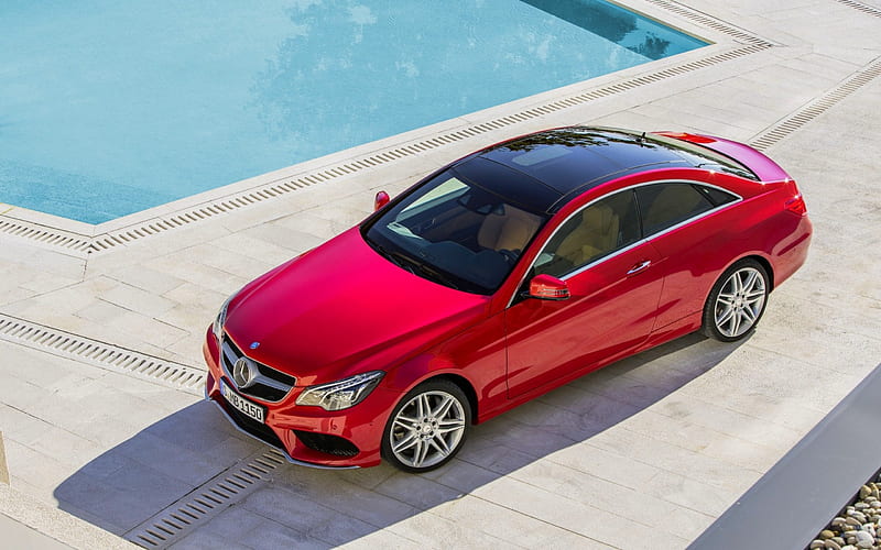 Mercedes Benz, benz, red, mercedes-benz, coupe, top view, mercedes, pool, e-class, HD wallpaper