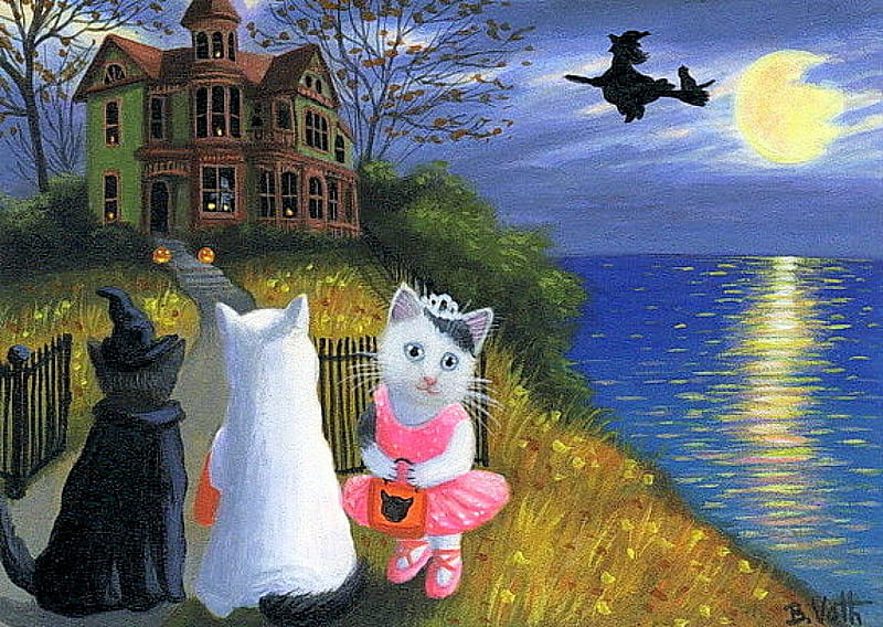 free download | Halloween Kitties, moon, house, ghost, painting ...