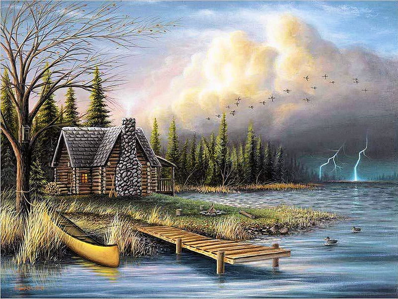 The Perfect Storm, cabin, river, trees, clouds, sky, flashlight, pier, artwork, boat, mountains, painting, HD wallpaper