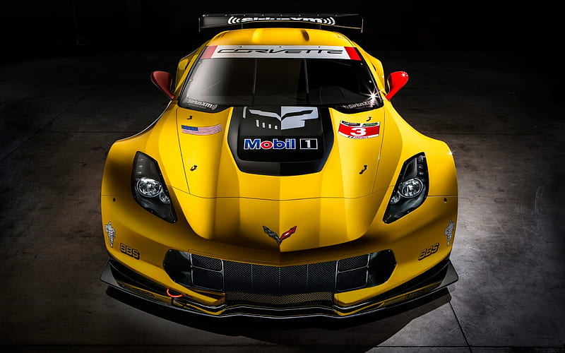 Chevrolet Corvette C7R, carros, corvette, vehicles, front view, chevrolet, yellow cars, HD wallpaper