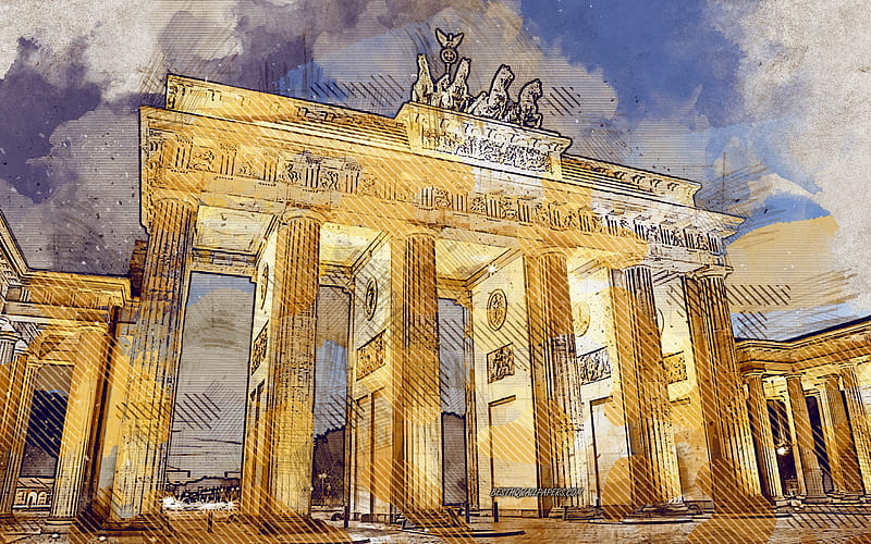 Brandenburg Gate, grunge art, Berlin, Germany, creative art, painted Brandenburg Gate, drawing, Brandenburg Gate abstraction, digital art, Berlin grunge, HD wallpaper