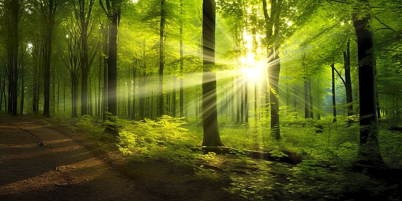 Rays of sunlight in a beautiful forest, path, trees, forest, sunrise, rays, sunlight, morning, glow, beautiful, sunbeam, branches, HD wallpaper
