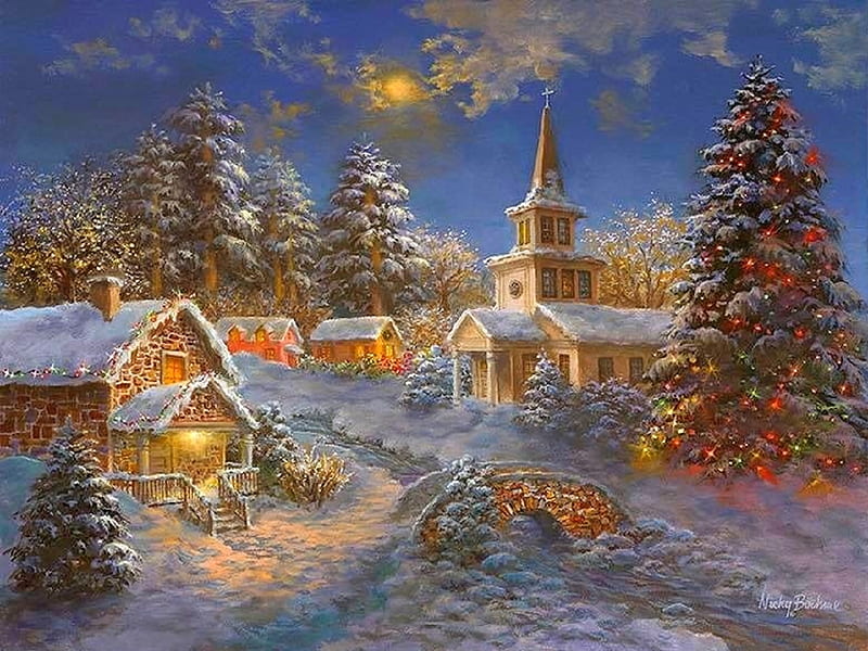 Happy Spirits Await Christmas, villages, Christmas, holidays, houses, bridges, love four seasons, Christmas Trees, attractions in dreams, xmas and new year, winter, paintings, snow, churches, HD wallpaper
