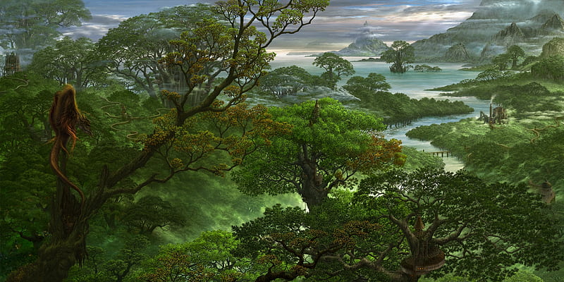 Fantasy world, forest, luminos, uchio kazumasa, dragon, sea, tree, fantasy, water, green, river, landscape, HD wallpaper