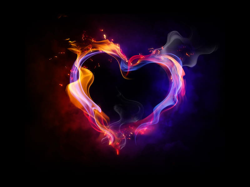 Heart Flame Colors, cg, colors, valentine, abstract, sweetheart, fire, 3d, flame, heart, hot, smoke, light, HD wallpaper