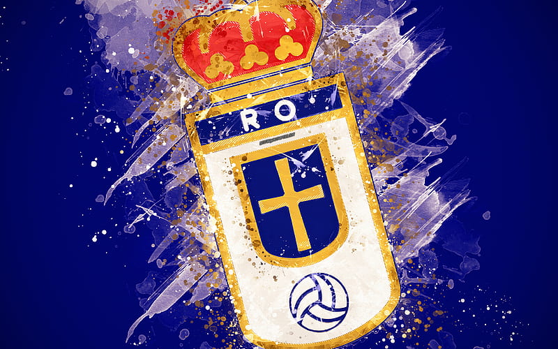Real Oviedo paint art, logo, creative, Spanish football team, Segunda, emblem, blue white background, grunge style, Oviedo, Spain, Second Division B, football, HD wallpaper