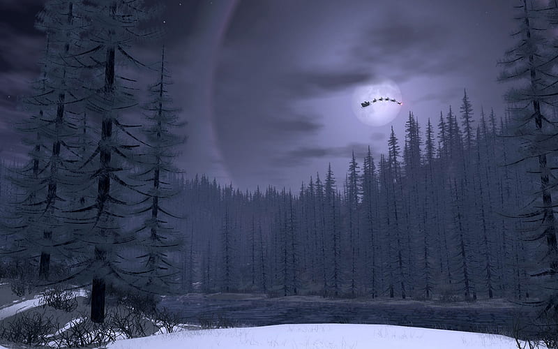 Santa Clause Making his Rounds, forest, moon, nature, santa clause, HD wallpaper