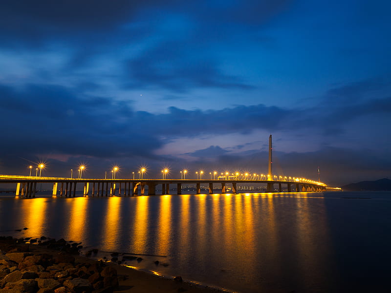 lighted sea bridge above water, HD wallpaper