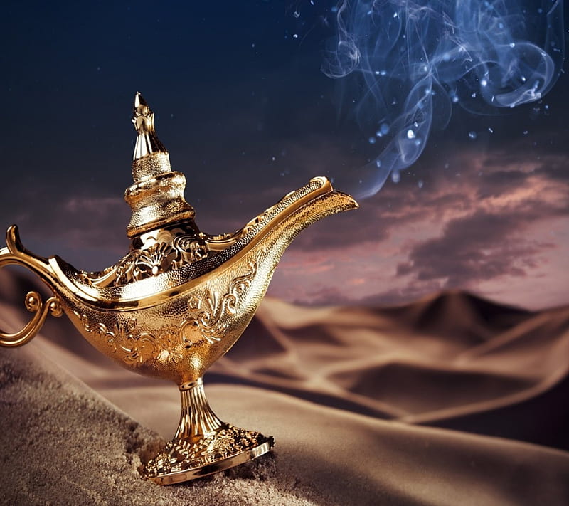 Magic Lamp, pretty, lamp, desert, lovely, golden, bonito, abstract, fantasy, gold, sand, 3D, beauty, arabian night, night, HD wallpaper