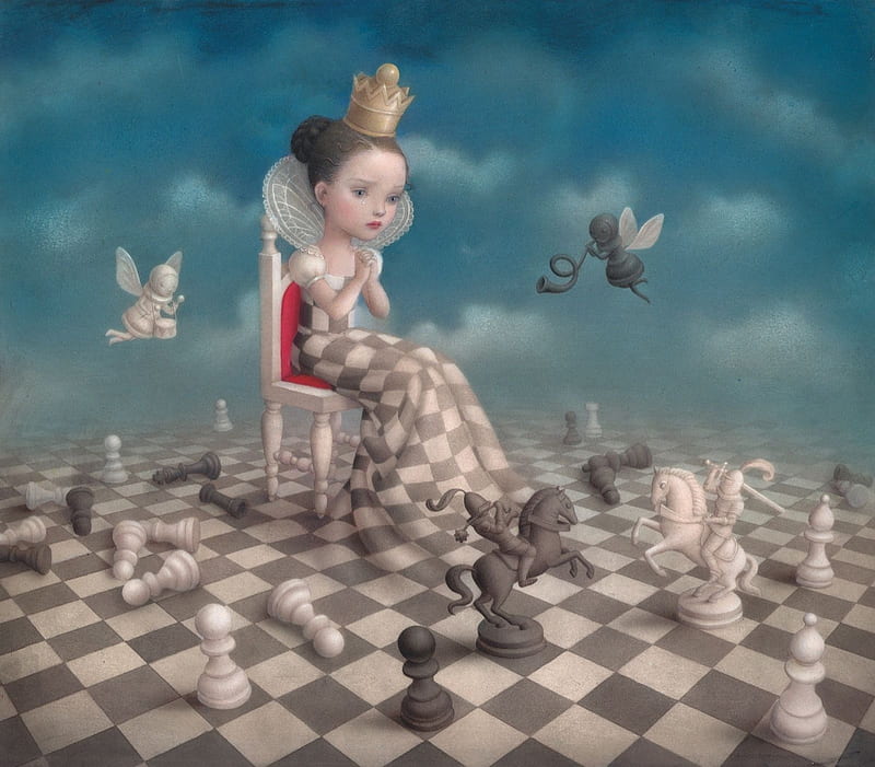 The Queen, art, white queen, nicoletta ceccoli, luminos, wonderland, game, fantasy, girl, painting, surreal, pictura, chess, blue, HD wallpaper