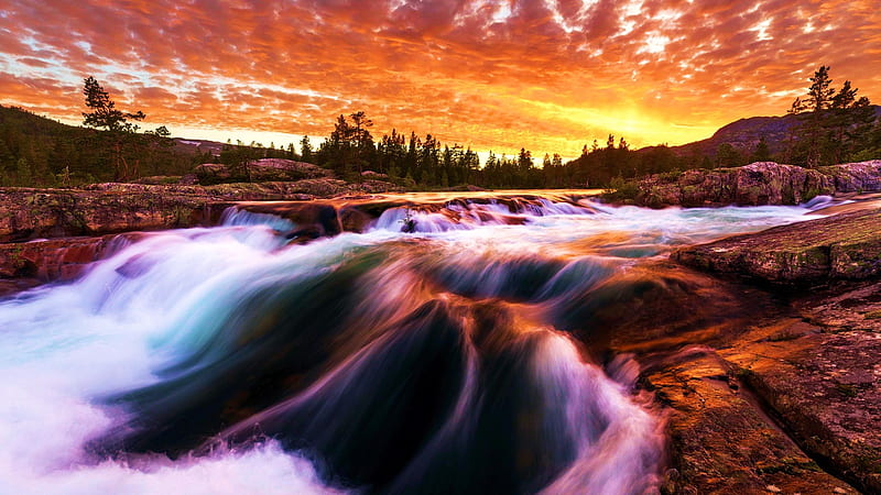 River Cascades, sunset, clouds, sky, rocks, trees, landscape, HD ...