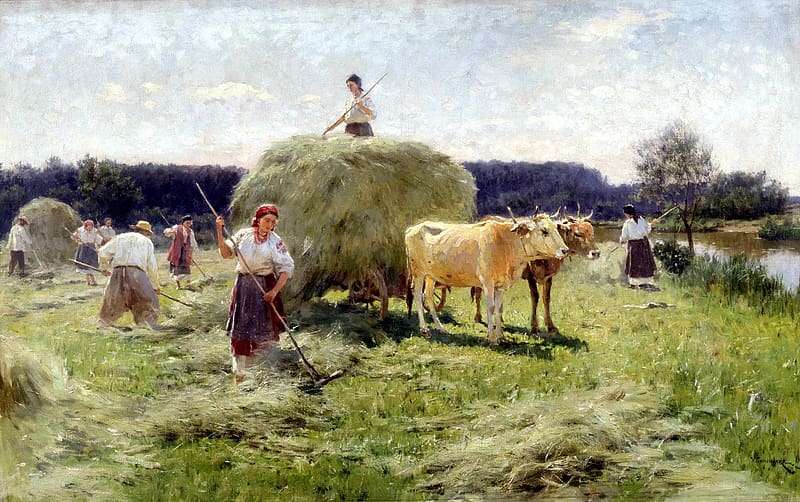 Haymaking by Nikolai Pimonenko, rural life, hay, woman, countryside, cow, peasant, art, summer, painting, pictura, vara, HD wallpaper
