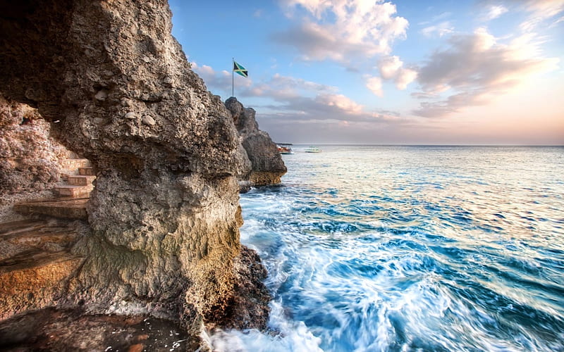 marvelous rocky seashore in negril jamaica r, rocks, shore, surf, r, flag, sea, steps, HD wallpaper