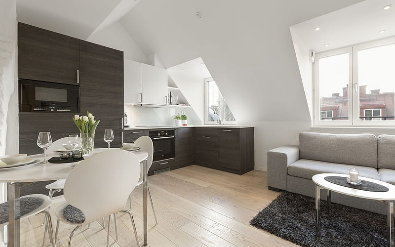 stylish apartments, modern interior design, white gray modern interior, living room, attic floor, HD wallpaper