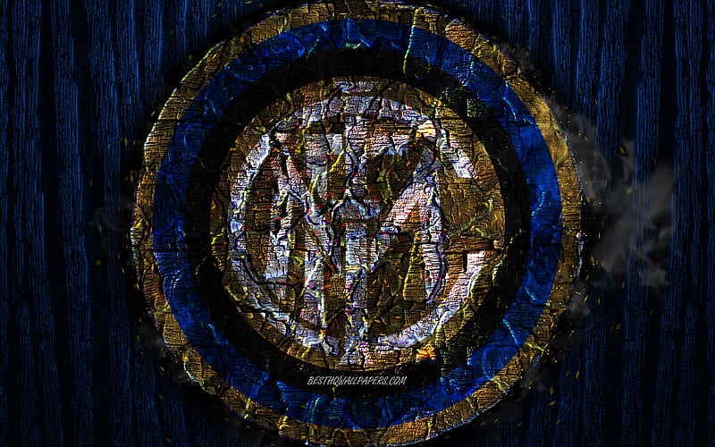 Inter Milan FC, scorched logo, Serie A, blue wooden background, italian football club, Internazionale, grunge, football, soccer, Inter Milan logo, fire texture, Italy, HD wallpaper