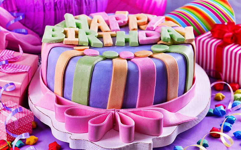 Happy Birtay, birtay cake, multi-colored cream, multi-colored cake, Birtay greeting card, gifts, Birtay background, HD wallpaper