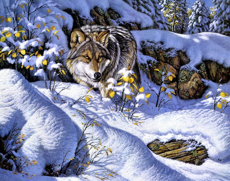 Wolf, art, snow, painting, lup, lee kromschroeder, winter, iarna, pictura, HD wallpaper