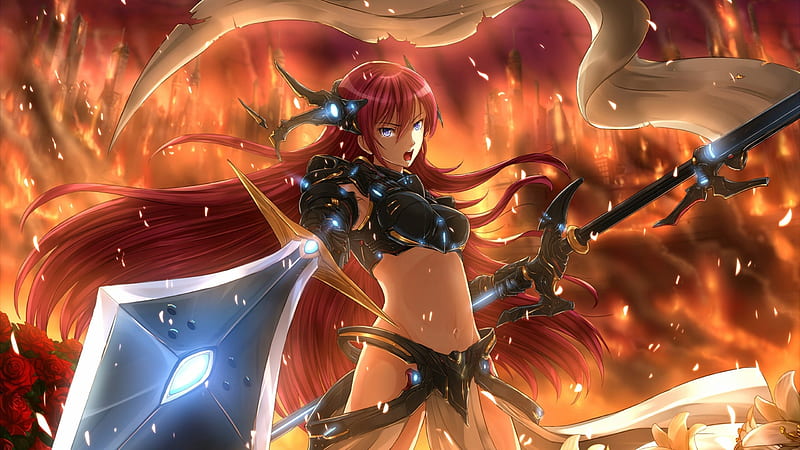 Fire, red, power, red hair, magic, hair, girl, anime, long hair, sword, HD wallpaper