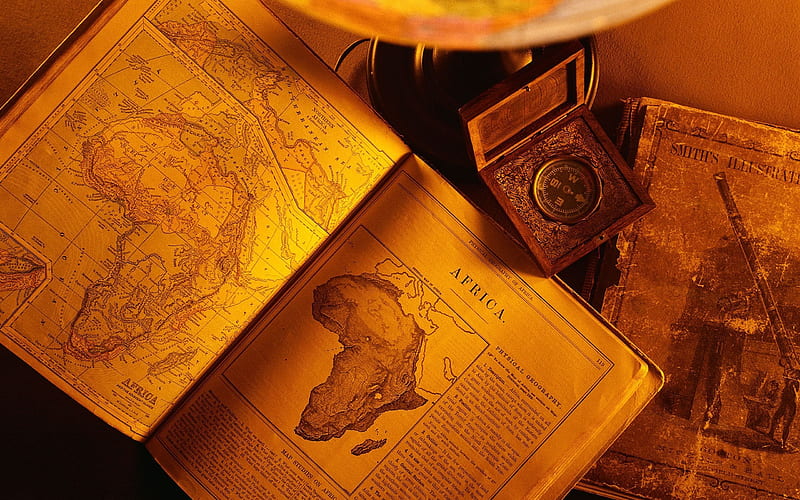 map, old books, compass, HD wallpaper