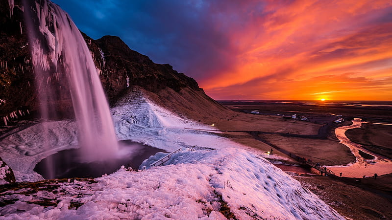 Seljalandsfoss, Iceland, sunset, river, landscape, colors, sky, mountains, rocks, HD wallpaper