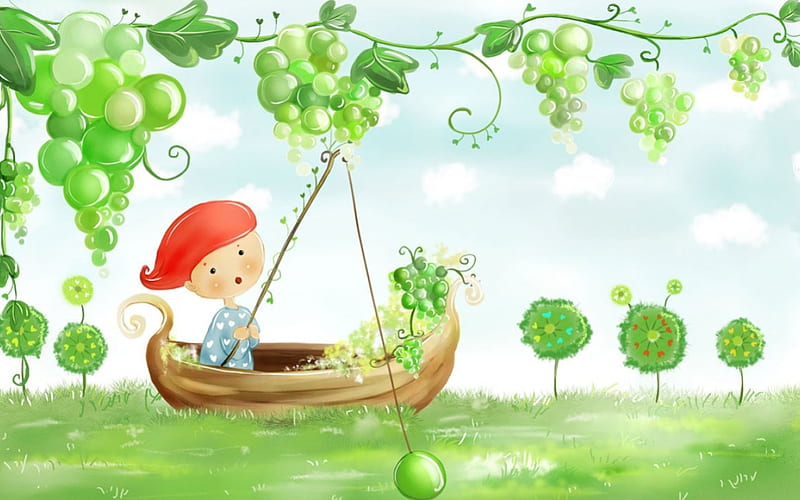 Green Grapes, vine, boat, child, fishing, HD wallpaper