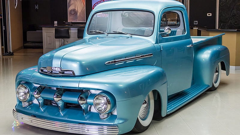 1951 Ford F1 Truck, ford, pick up, truck, oldie, blue, vintage, HD wallpaper