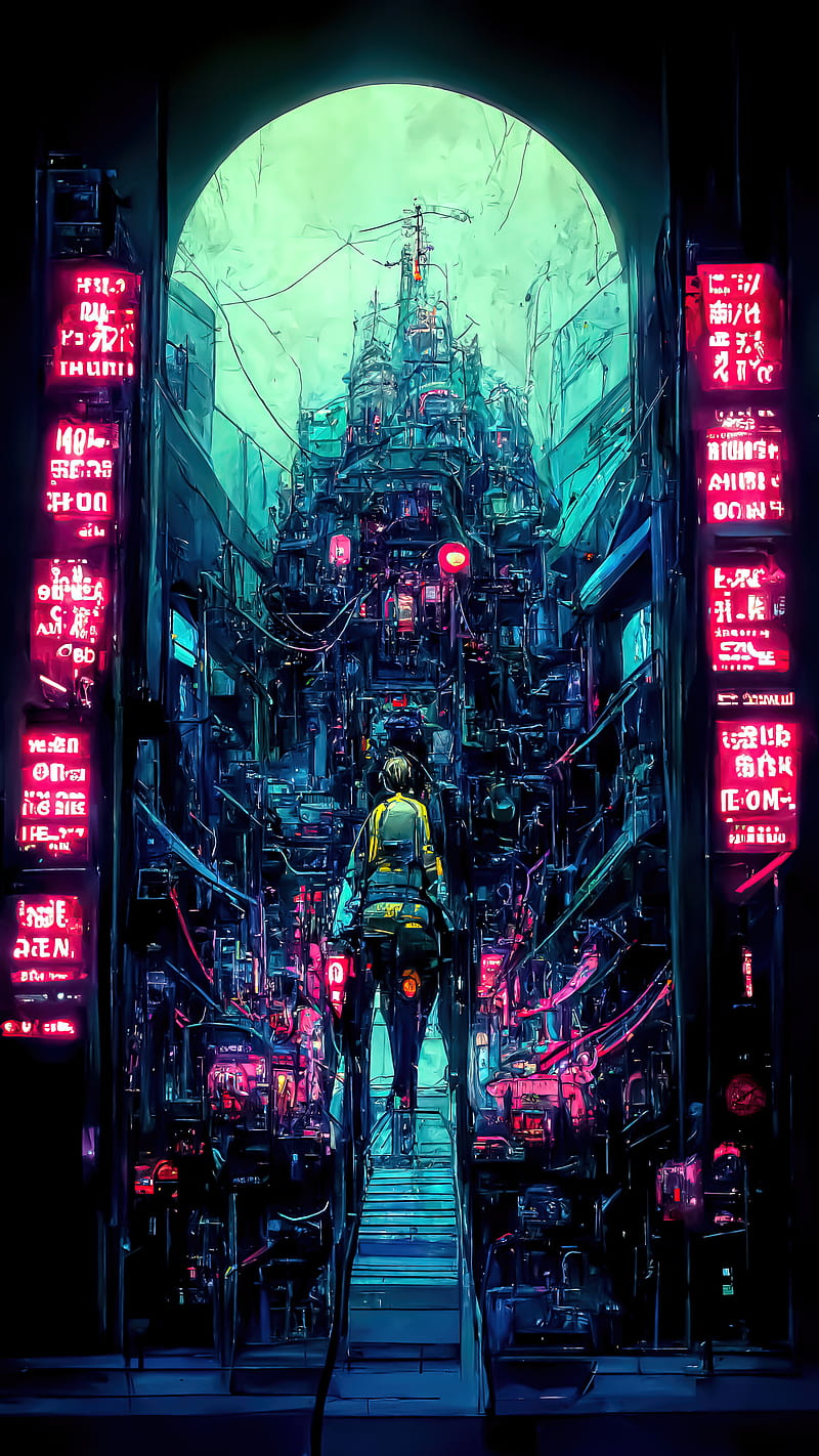 Mobile wallpaper: Cyberpunk, City, Miscellaneous, Machine, Person