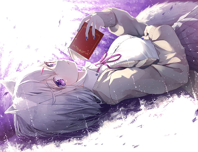 anime fox girl, lying down, resting, book, white hair, purple eyes, Anime, HD wallpaper