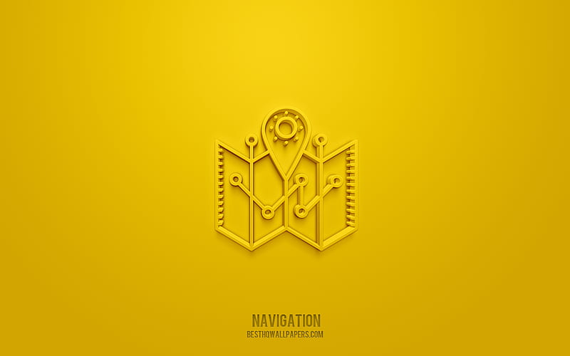 Navigation 3d icon, yellow background, 3d symbols, Navigation, Maps icons, 3d icons, Navigation sign, Maps 3d icons, HD wallpaper