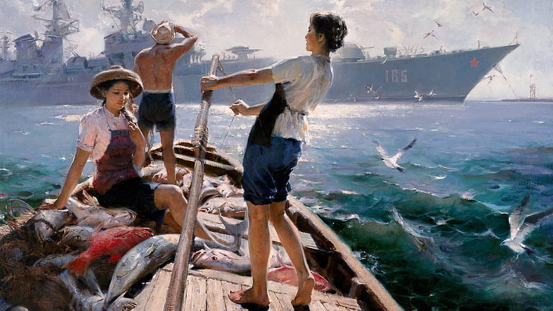 Artistic, Painting, Destroyer, Fish, Fisherman, Fishing Boat, Girl, Sea, HD wallpaper