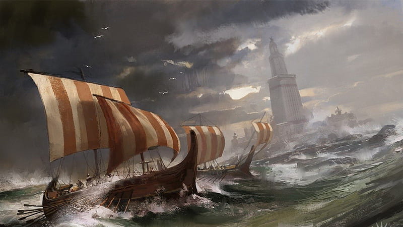 L'arrivage des vikings, north, battle, ship, vikings, noridic, storm, sea, HD wallpaper