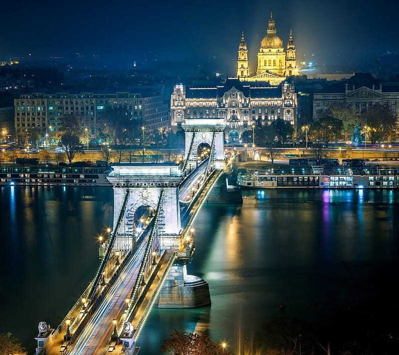 Budapest Bridge, chain bridge, city lights, HD wallpaper